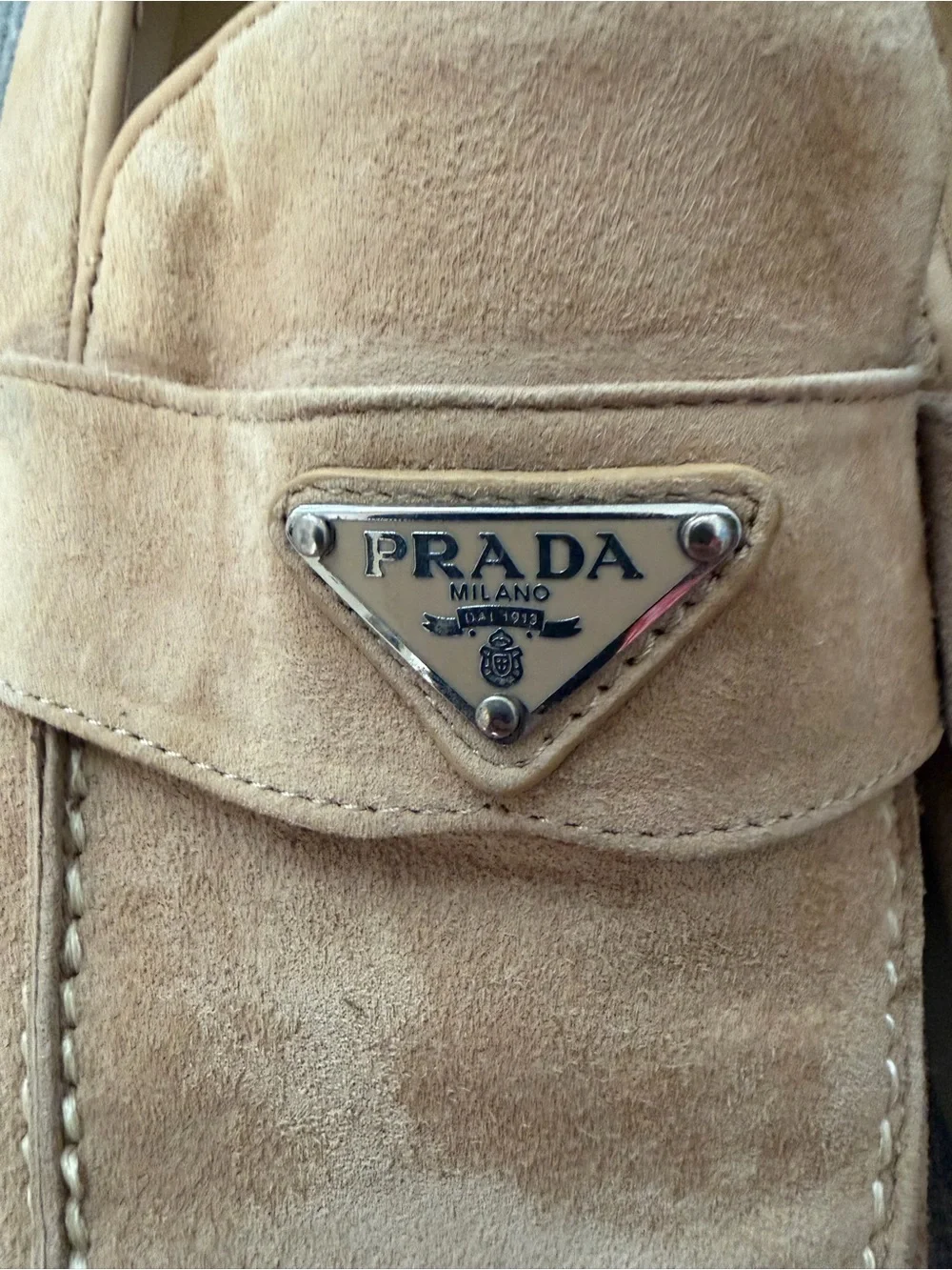 Prada Ecru Suede Loafers Metal Logo $1100